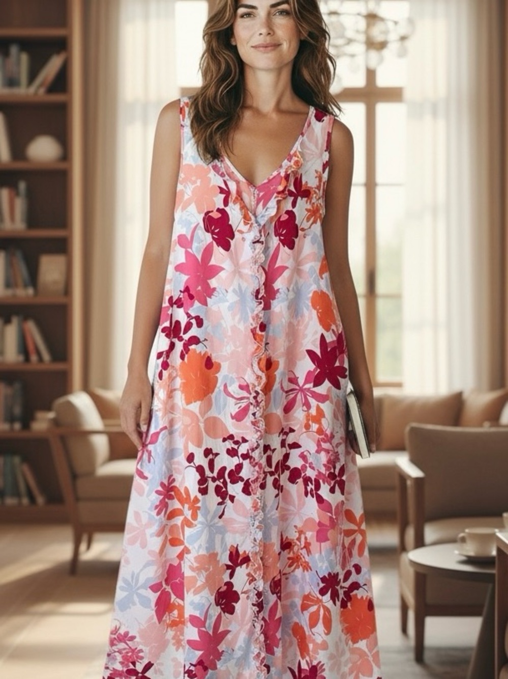 Oscar de la Renta Sleepwear Floral Maxi Nightgown - Pink, Orange, Red